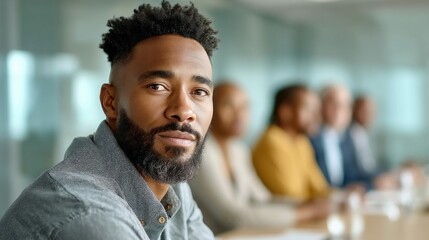 Obraz premium A focused black man in a business setting, looking directly at the camera in a meeting.