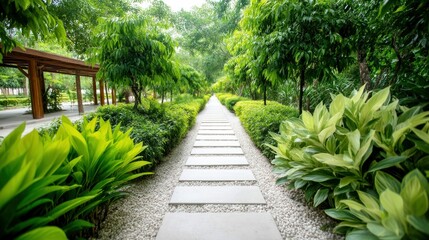 A tranquil stone pathway leads through a beautifully landscaped garden, full of lush greenery.
