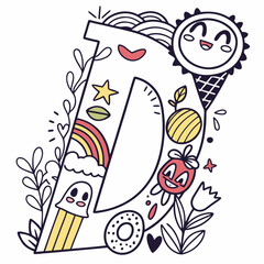 Letter d decorated with doodle style elements and objects