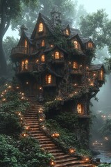 Obraz premium Enchanting treetop house, nestled amidst lush forest, illuminated by warm lights