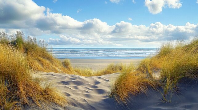 Serene coastal landscape with golden beach grass swaying gently over soft sand dunes, leading to a tranquil blue ocean horizon under fluffy white clouds