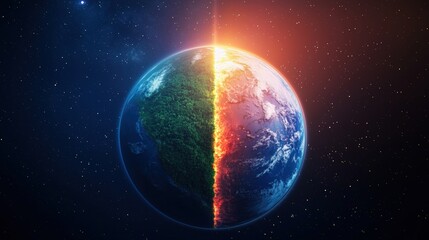 Obraz premium A visually striking depiction of Earth, split between lush greenery and fiery landscapes, symbolizing contrasting environmental states.