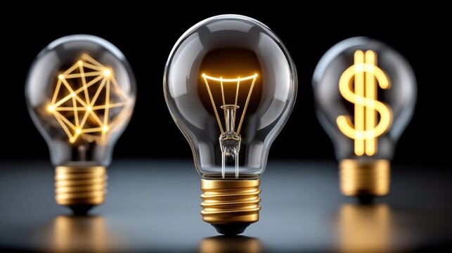 Innovative business ideas illuminated light bulbs representing creativity financial concepts networking studio close-up view