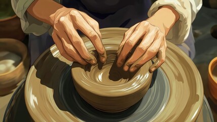 Fototapeta premium Crafting pottery on a spinning wheel during a sunny afternoon at a local artisan studio