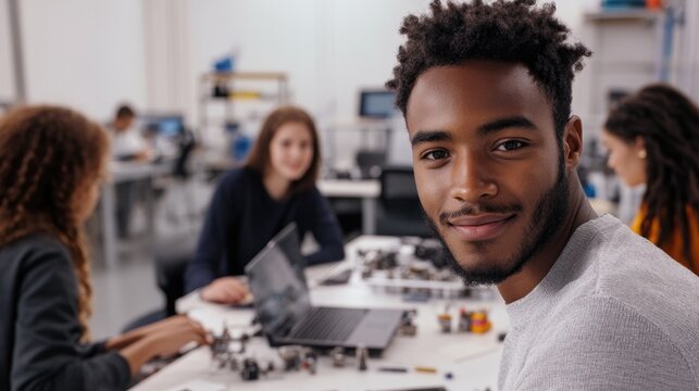 Young man smiles confidently while collaborating on innovative p