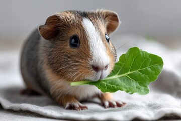 Charming guinea pig nibbling fresh leafy greens, showcasing ador