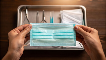 Surgery preparation with psychotherapy focus medical tray closeup soft-focused environment healthcare professionals