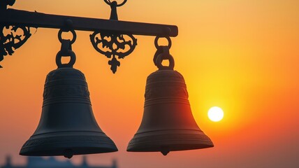 Obraz premium Two large bells hanging against a beautiful sunset sky, capturing the serene moment in the fading daylight