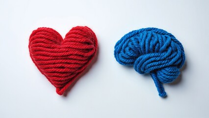 A red heart and a blue brain made of yarn on a white background, conceptual art depicting the love between the mind and the body, isolated against a white background