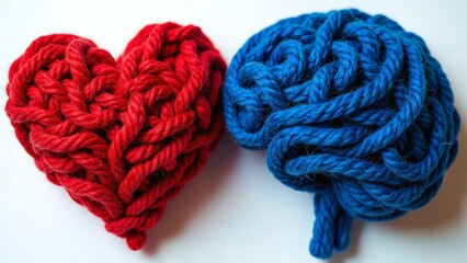 A red heart and a blue brain made of yarn on a white background, conceptual art depicting the love between the mind and the body, isolated against a white background