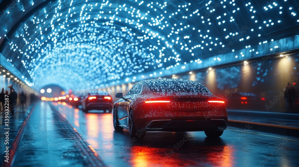 Aufkleber Autonomous vehicles navigate through a vibrant tunnel adorned with lights, highlighting innovations in logistics and smart transportation solutions focused on connectivity and mobility.