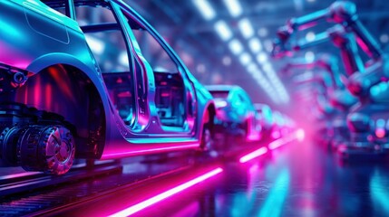 Neon-lit automotive assembly line highlighting robotic arms and car bodies in progress.