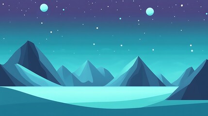 Obraz premium Night sky over stylized, teal mountains and frozen lake.