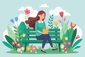A woman with long brown hair sits on a bench in a lush garden, surrounded by blooming flowers and greenery. She is holding a small basket in her lap.