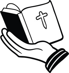 Outlined Hand Holding Holy Book Featuring a Cross with Transparent Background