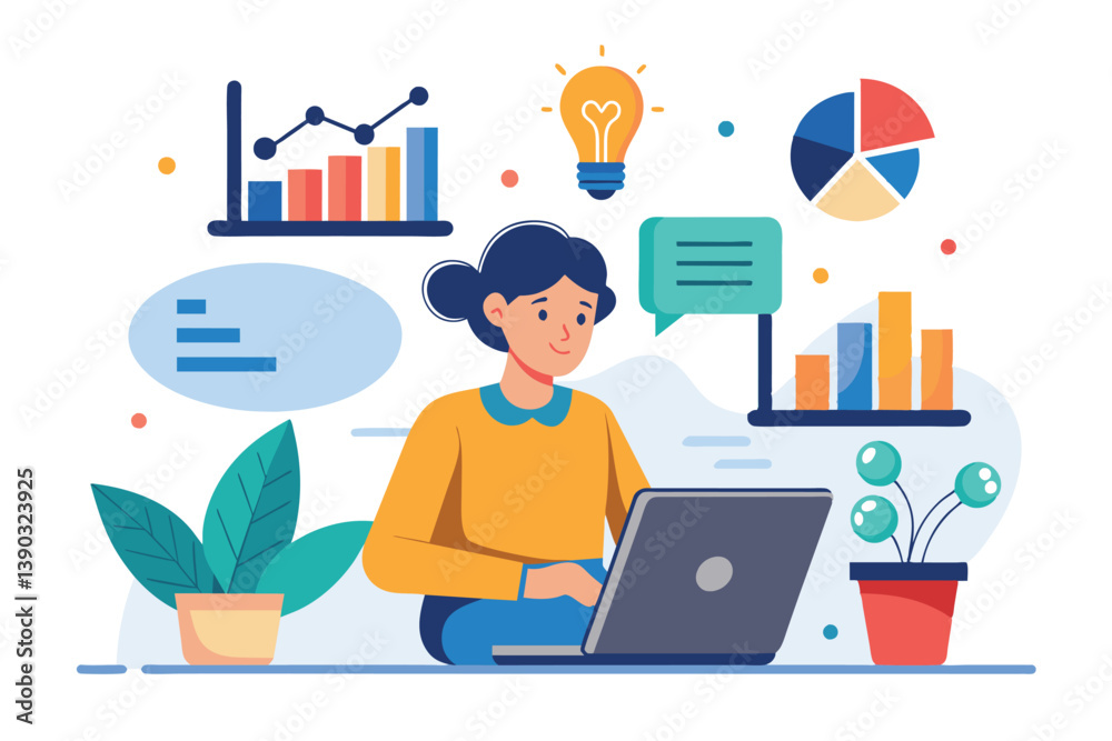 Poster a woman at a desk with a laptop surrounded by data visualizations and a lightbulb symbolizing ideas.