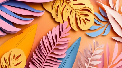 Paper cut tropical leaf background with summer theme color palette design