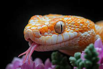 Fototapeta premium Generative AI image of a fantastical snake with iridescent petal like scales and glowing eyes, blending floral elements
