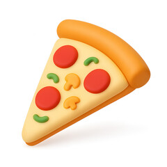 3D pizza slice icon with pepperoni, mushrooms and green toppings on transparent background