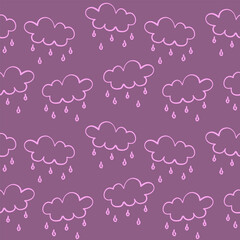 seamless pattern with pink clouds and rain drops on purple background 