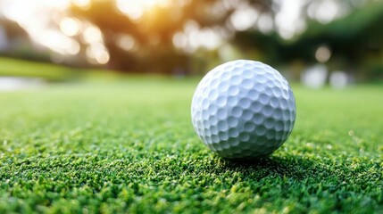 Obraz premium A pristine golf ball sits perfectly on a green, sunny golf course, ready for play.