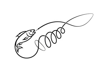 Fish Caught On Fishing Line In Minimalistic Line Art Style Illustration
