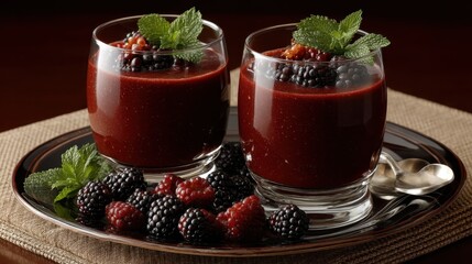 This image showcases two beautifully presented dessert glasses filled with a berry delight topped with blackberries and mint, perfect for a refined dining experience.