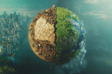Fototapeta premium Cracked Globe Half Desert Wasteland, Half Lush Nature & City Skyline; Birds Flying