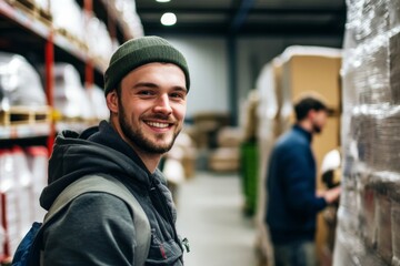 Smiling portrait of male warehouse workers and managers working in a warehouse