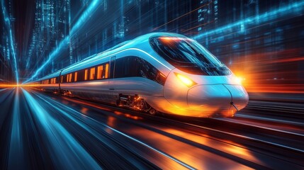 A sleek, high speed train travels rapidly along illuminated tracks in a modern urban landscape during twilight, showcasing advanced mobility and automation technologies in transportation.