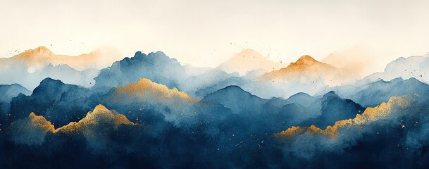 Abstract Watercolor Mountain Range with Golden Highlights on Textured Paper Art