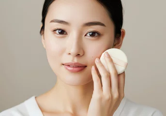 Papier peint photo intissé フェイスパウダーのパフを持つナチュラル美肌の若い日本人女性