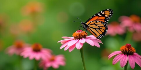 Obraz premium Monarch butterfly perched on pink coneflowers in a garden, natural habitat, environment