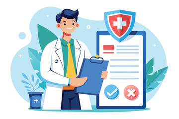 A smiling doctor in a white coat holds a blue clipboard while standing in front of a digital health record with a checkmark and cross.