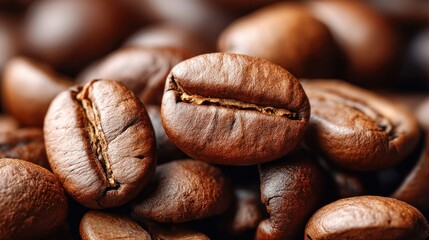 Naklejka premium Detailed macro shot of several roasted coffee beans, showing the texture and color.