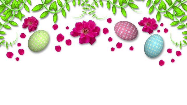 beautiful easter background decorated with Rose flower, green animated leaves and beautiful easter eggs. copy space for easter holiday blessings and greetings.