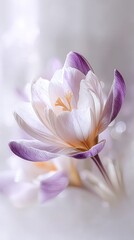Fototapeta premium A delicate crocus flower in bloom, soft translucent petals in pale purple and light yellow, glowing gently in natural light. Dreamy and ethereal atmosphere, watercolor painting.