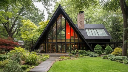 Beautiful architectural home with sharp angles, floor-to-ceiling windows, and lush garden surroundings.