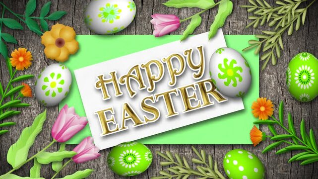 happy easter golden text animation with white and green easter eggs, colorful flowers, and old wooden planks. Animation of easter blessings and greetings.