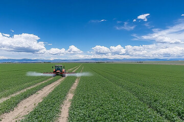 Organic pesticide application on vast green crop fields under a clear sky in rural farming area