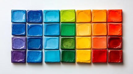 Harmonious Array: Vibrant Handmade Ceramic Tiles Displaying a Spectrum of Colors