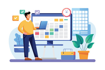 An illustration of a man standing in front of a large calendar with a laptop in his hand. The calendar is filled with colorful appointments, and the man is checking his schedule.