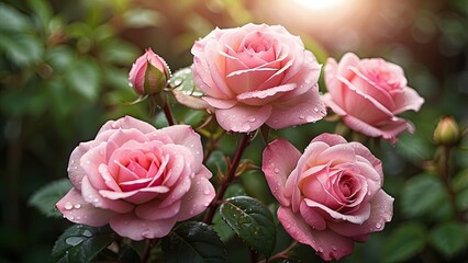 A vibrant field of pink roses basking in the soft