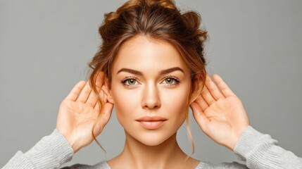 Fototapeta premium A woman with blonde hair holds her hands near her ears, listening intently with focus.
