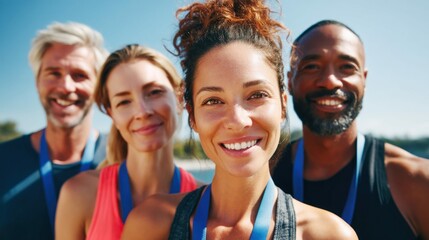 Four diverse runners celebrate a race with smiles and medals, radiating joy and accomplishment.