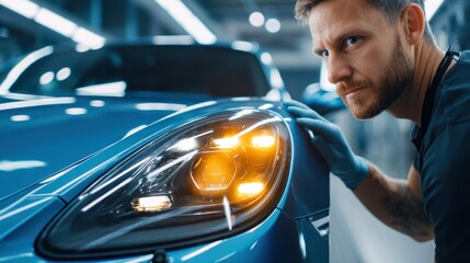 A mechanic inspecting a sleek blue sports car, checking the car's details in a modern workshop.