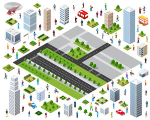 Citizens walking and driving in isometric city center with buildings and roads