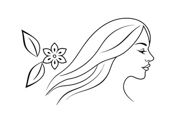 Minimalist Woman Profile With Long Hair And Flower Outline Illustration
