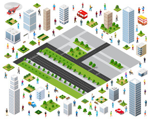 Citizens walking and driving in isometric city center with buildings and roads
