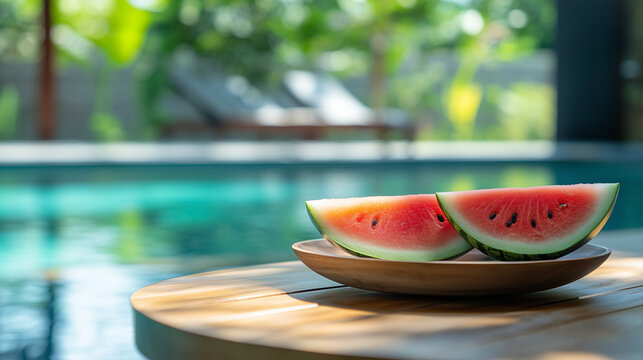 sliced watermelon on a plate near a swimming pool, ideal for summer-themed promotions, food blog headers, vacation brochures, or healthy lifestyle content